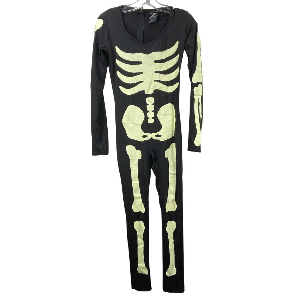 Leg Avenue Skeleton Bodysuit Glow In The Dark Nylon Spandex Medium Black Costume